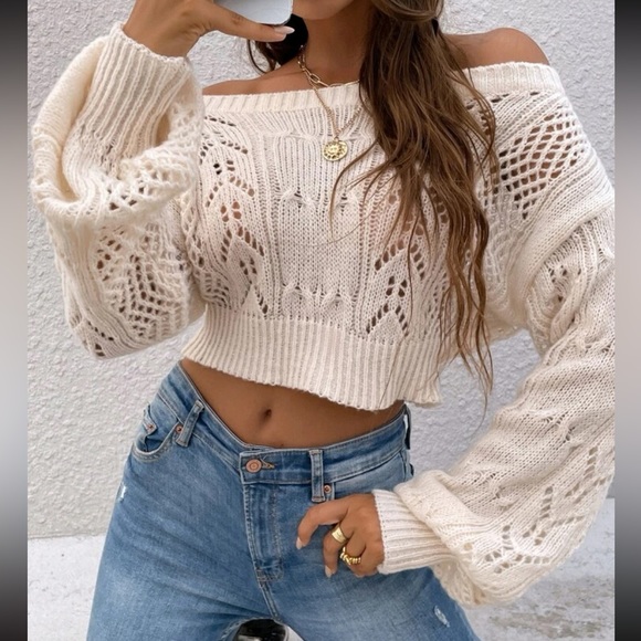 Luxe Sheer Crochet Knit Drop Shoulder Cropped Sweater Top Black - Picture 5 of 16